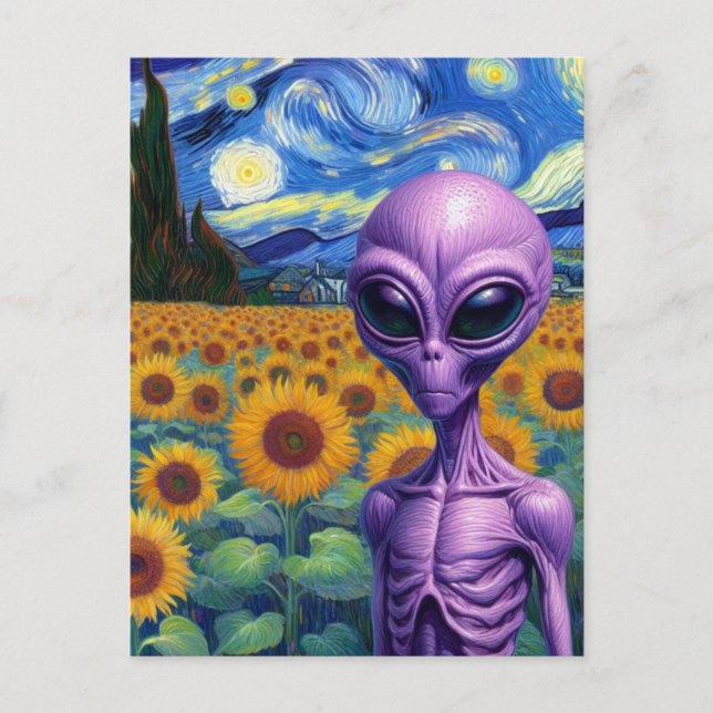 Alien i en Faux Van Gogh-solros Fält Vykort (Framsida)