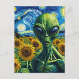 Alien i en Faux Van Gogh-solros Fält Vykort