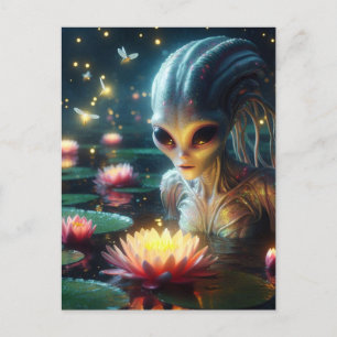 Alien i en ljusande sommardamm med Rosa blommor Vykort