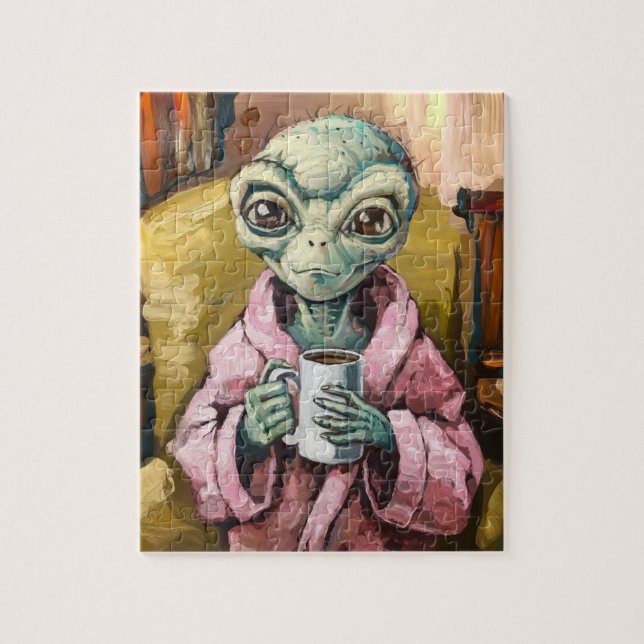 Alien i en Rosa Robe med kaffe Pussel (Vertikal)