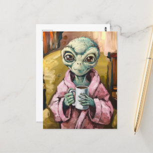Alien i en Rosa Robe med kaffe Vykort