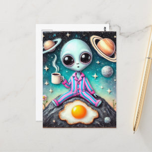 Alien i PJ med kaffe och ägg Vykort
