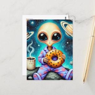 Alien i PJs med kaffe och Bagel Vykort
