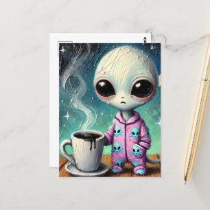 Alien i PJs med kaffe Vykort