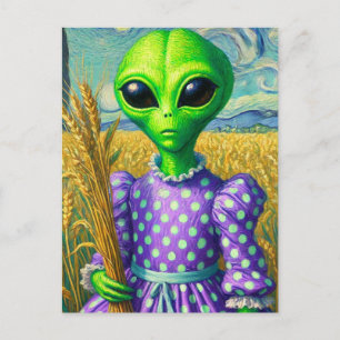 Alien i Polka Dot Dress i Wheat Fält Vykort