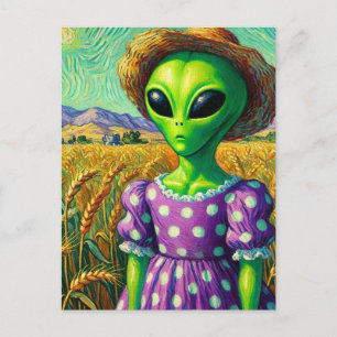 Alien i Polka Dot Dress och Straw Hat Wheat Fält Vykort