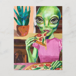 Alien i Rosa Eating Pizza Vykort
