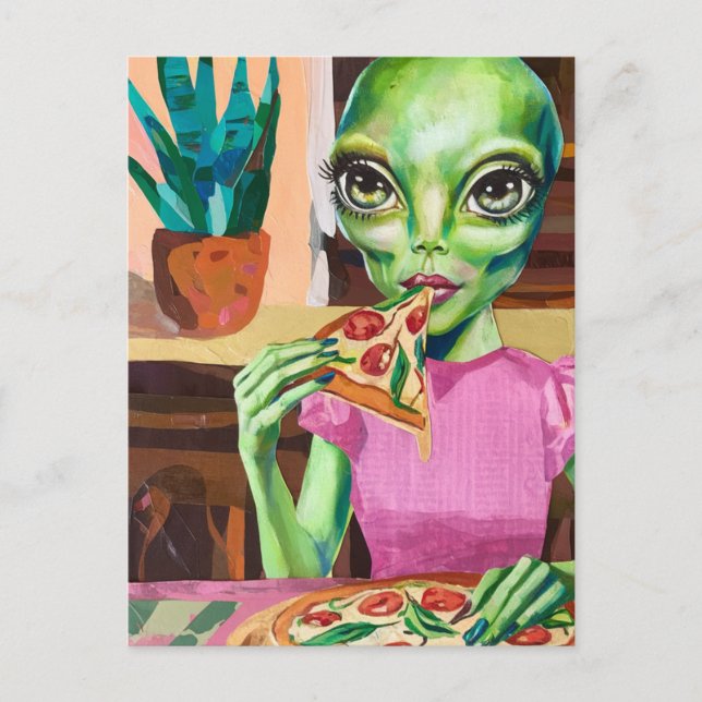 Alien i Rosa Eating Pizza Vykort (Framsida)