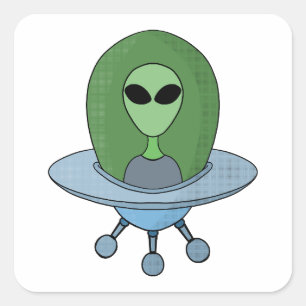 Alien i sitt lilla rymdskepp fyrkantigt klistermärke