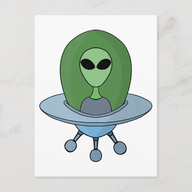 Alien i sitt lilla rymdskepp vykort (Framsida)