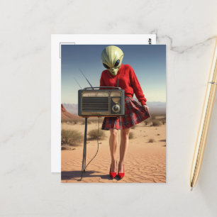 Alien in Red Play Skirt with Radio in Desert Vykort
