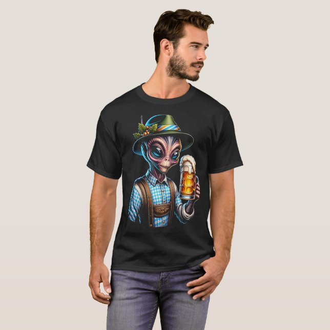 Alien In Traditioneel Oktoberfeest Kostuum T Shirt (Hel framsida)