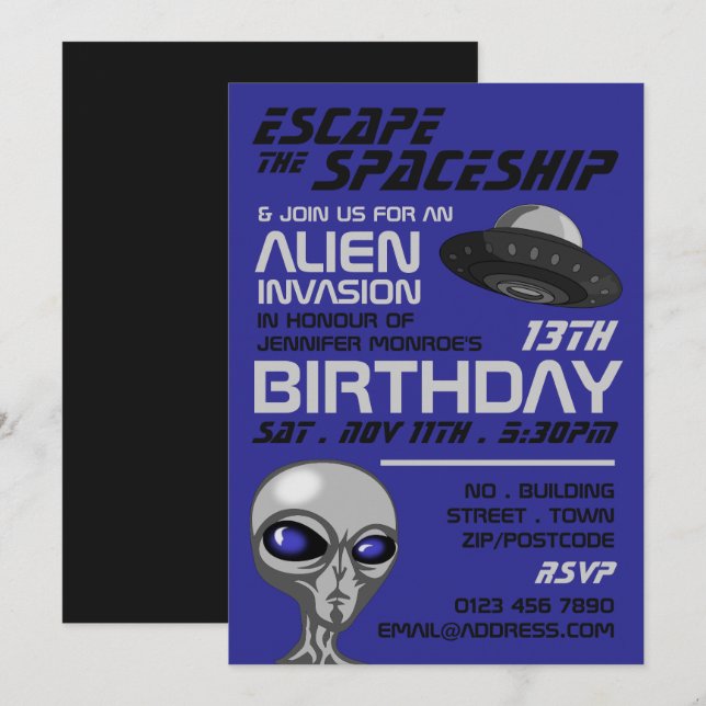 Alien Invasion Theme, Escape Room, Födelsedagsfest Inbjudningar (Fram/baksida)