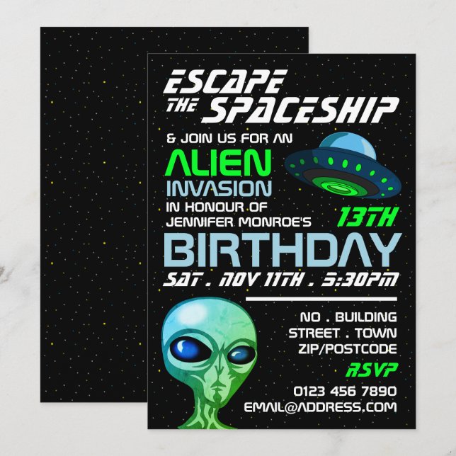Alien Invasion Theme, Escape Room, Födelsedagsfest Inbjudningar (Fram/baksida)