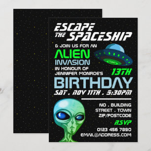 Alien Invasion Theme, Escape Room, Födelsedagsfest Inbjudningar