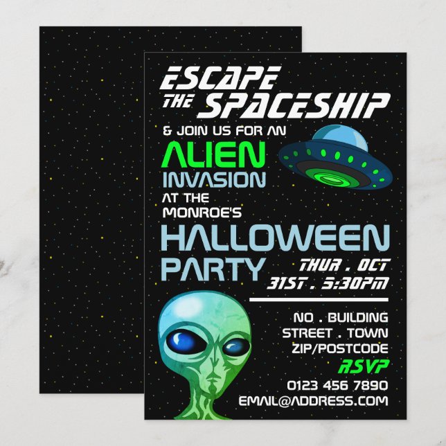 Alien Invasion Theme, Escape Room, Halloween fest Inbjudningar (Fram/baksida)