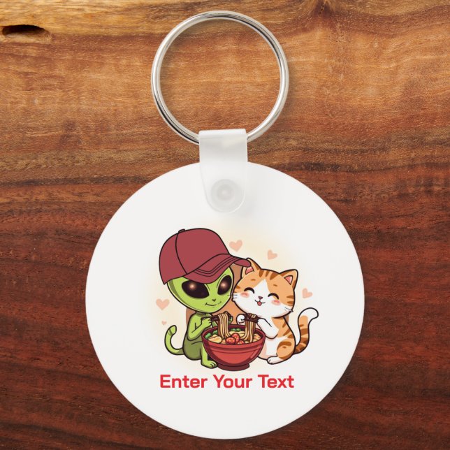 Alien & Katt delar Ramen Kawaii Konst Nyckelring (Framsida)