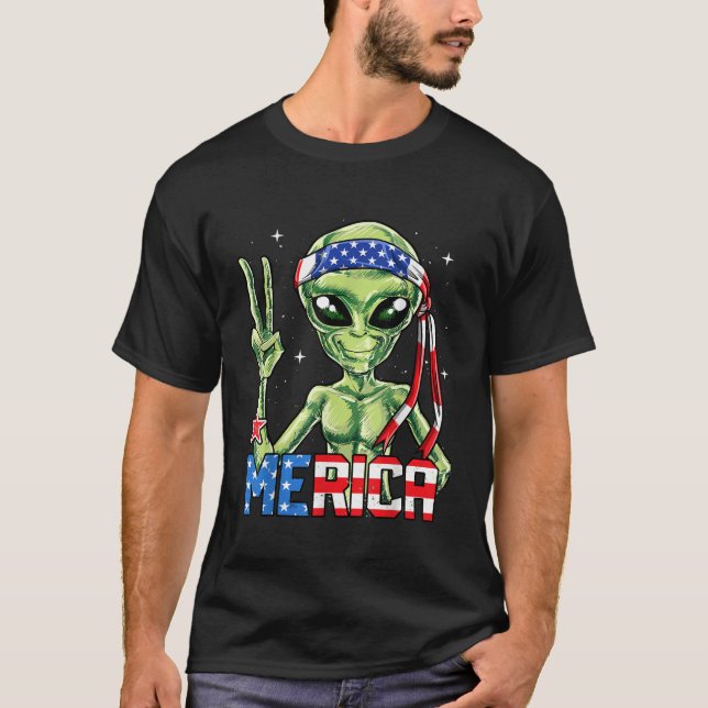 Alien Merica 4:e juli Tshirt Manar American Flagga T Shirt (Framsida)