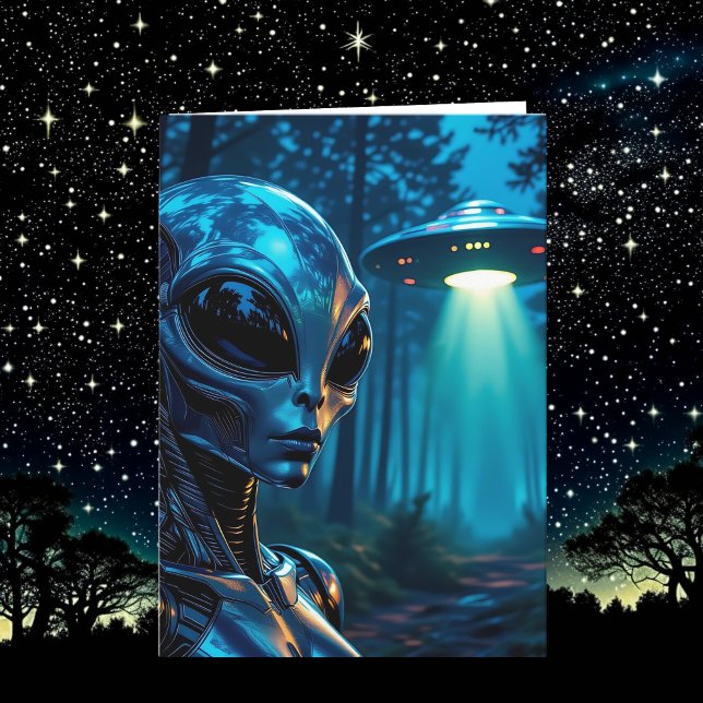 Alien Metallic Futuristiska Forest Scene Birthday Kort (Skapare uppladdad)
