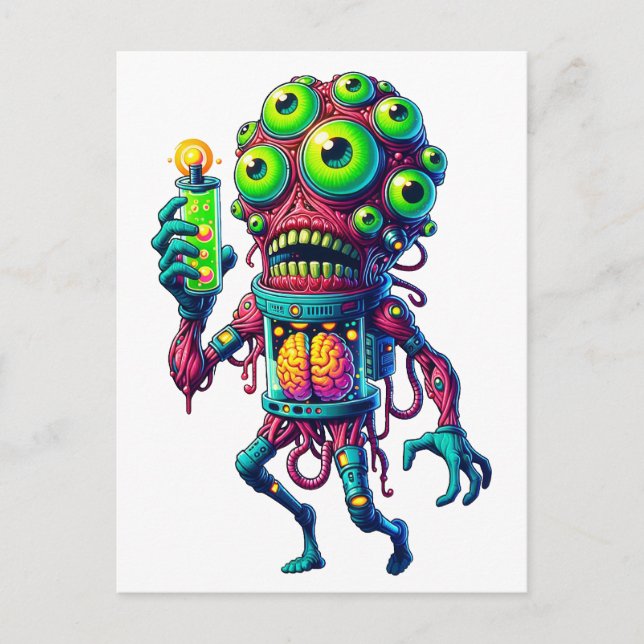 Alien Monster Creatie met Elektrisch Testbuis Inbjudan Vykort (Framsida)