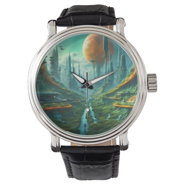 Alien Nature & Futuristiska City Surreal Sci-Fi Ar Armbandsur (Framsida)