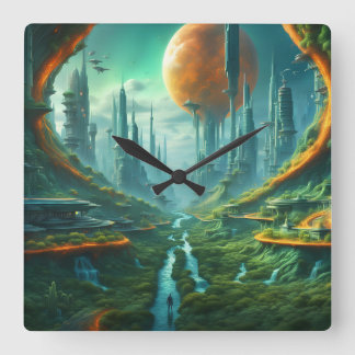 Alien Nature & Futuristiska City Surreal Sci-Fi Ar Fyrkantig Klocka