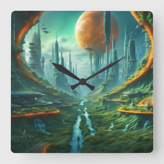 Alien Nature & Futuristiska City Surreal Sci-Fi Ar Fyrkantig Klocka (Framsida)