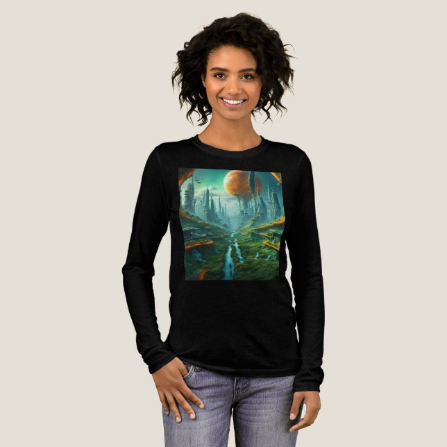 Alien Nature & Futuristiska City Surreal Sci-Fi Ar T Shirt (Hel framsida)