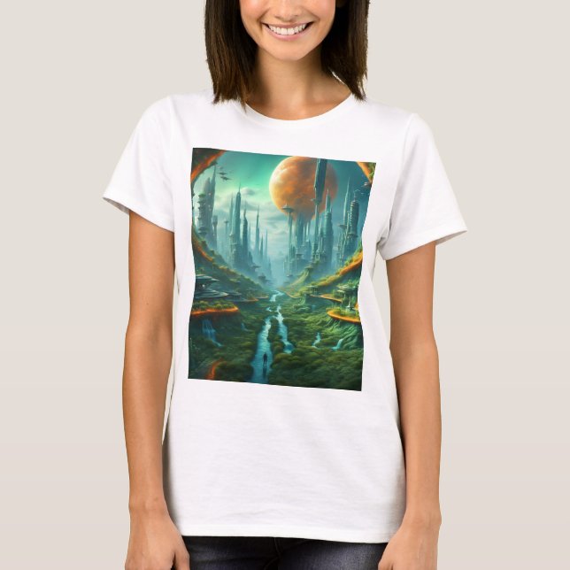 Alien Nature & Futuristiska City Surreal Sci-Fi Ar T Shirt (Framsida)