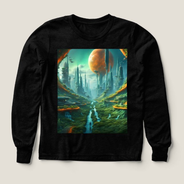 Alien Nature & Futuristiska City Surreal Sci-Fi Ar T Shirt (Design framsida)