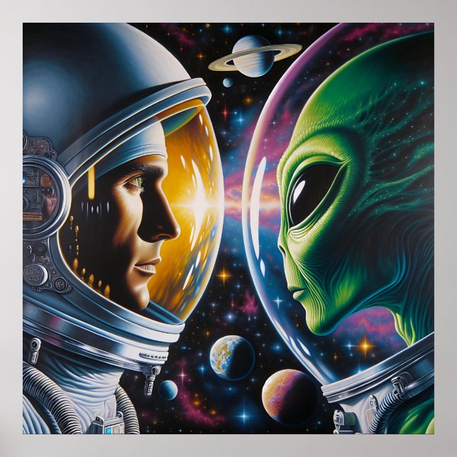 Alien och Astronaut i rymden Poster (Framsidan)