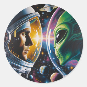 Alien och Astronaut i rymden Runt Klistermärke