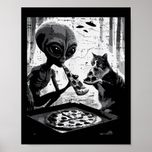 Alien och katt åt Pizza Funny Snack Food Manar Wo Poster