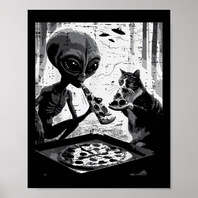 Alien och katt åt Pizza Funny Snack Food Manar Wo Poster (Framsidan)