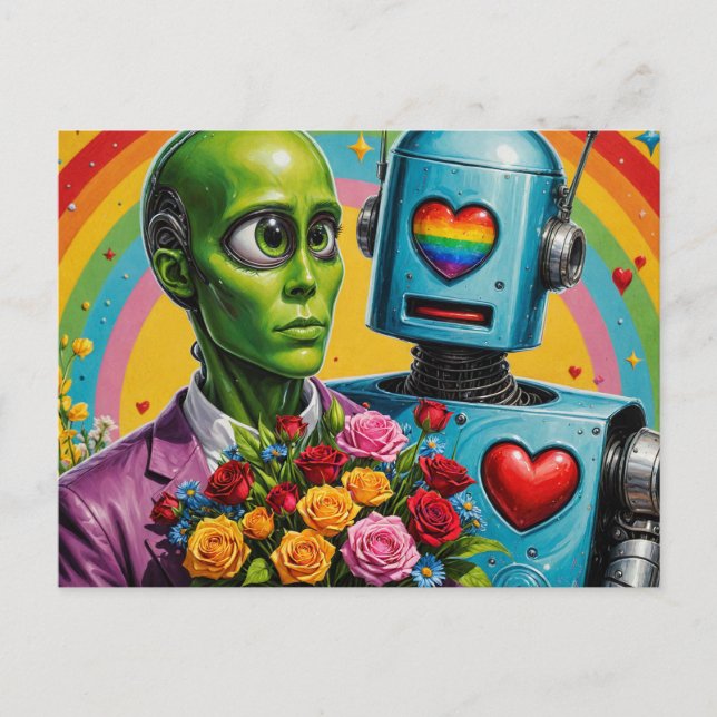 Alien och Robot Couple Vykort (Framsida)