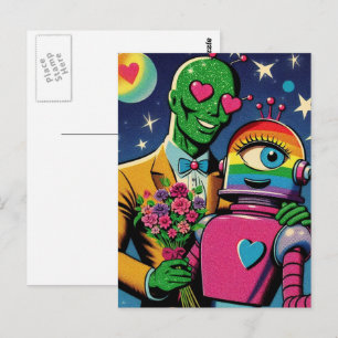 Alien och Robot i Kärlek Retro-Tecknaden Vykort