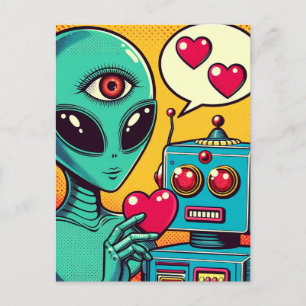 Alien och Robot i Kärlek Retro-Tecknaden Vykort