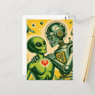 Alien och Robot Retro Kärlek Vykort