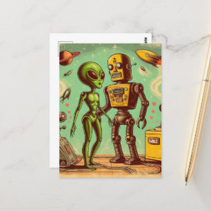 Alien och Robot Retro Kärlek Vykort