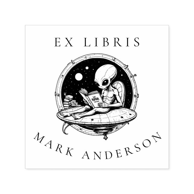Alien på rymdskepp som läser Bokar Ex Libris Självfärgande Stämpel (Design)