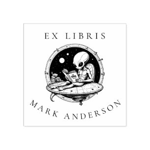 Alien på rymdskepp som läser Bokar Ex Libris Stämpel