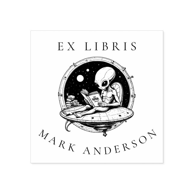 Alien på rymdskepp som läser Bokar Ex Libris Stämpel (Tryck)