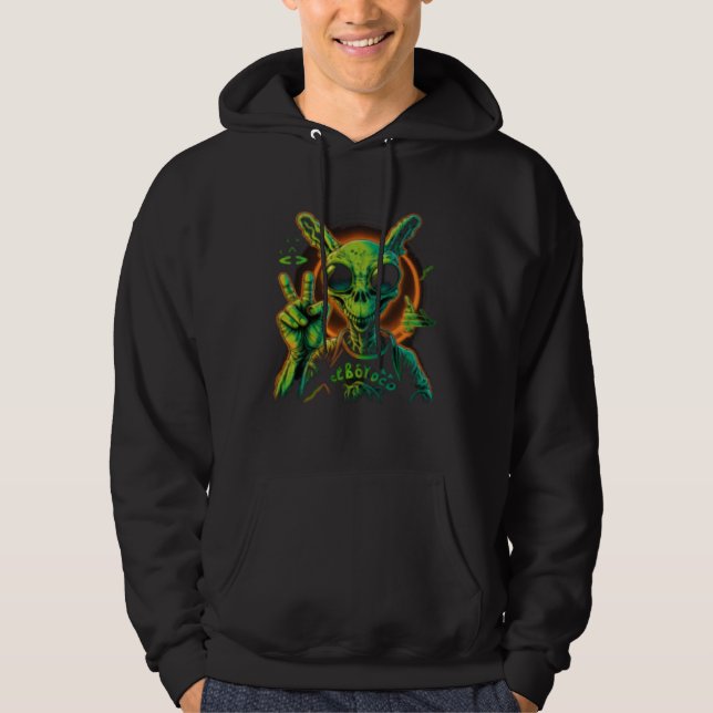 Alien Peace Hand Sign UFO Spaceship Hoodie (Framsida)