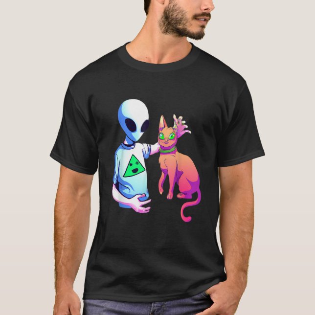 Alien Petting A Cat Alien Ufo  Cat Kids Men Women T Shirt (Framsida)