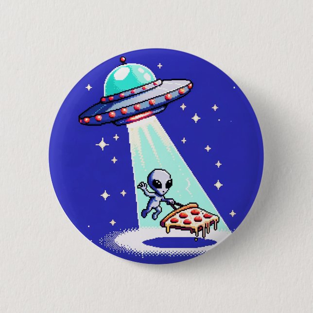 Alien Pizza Abduction - Funny Pixel Art UFO Design Knapp (Framsida)