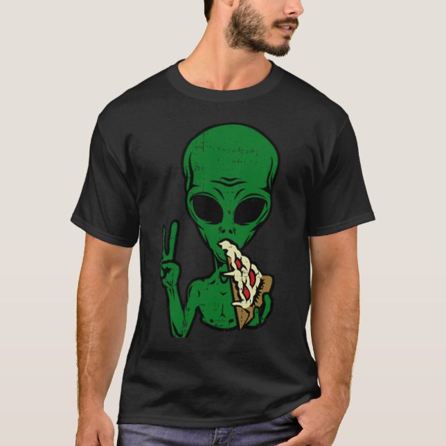 Alien Pizza Eating Peace Funny Space Area-51 T Shirt (Framsida)