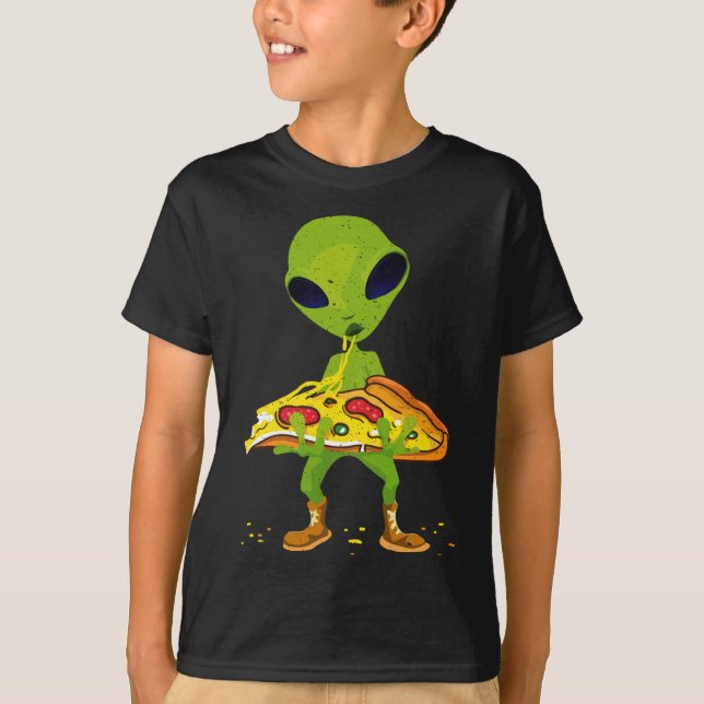 Alien Pizza Eating Peace Funny Space Food Älskare T Shirt (Framsida)