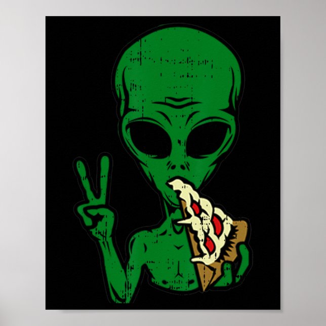 Alien Pizza Eating Peace Roligt Space Area-51 Hall Poster (Framsidan)