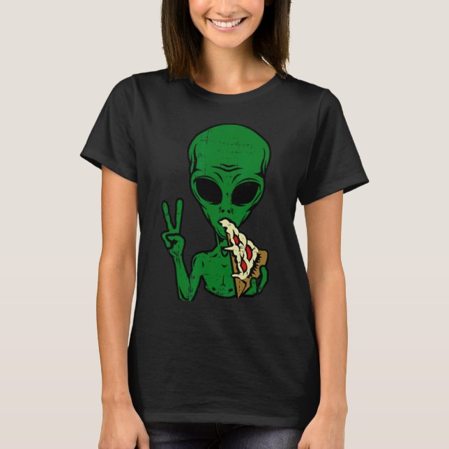 Alien Pizza Eating Peace Roligt Space Area-51 Hall T Shirt (Framsida)