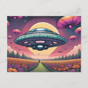 Alien Planet som flyger UFO över Flower Fält Vykort